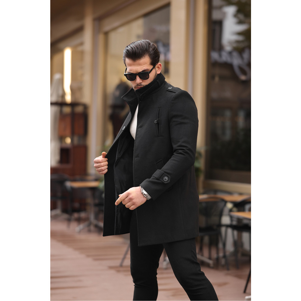 Mero Life Erkek Siyah Dar Kesim Dik Yaka Uzun Yün Karışımlı Kaşe Kaban XL Beden Bayan Mont Fiyatı