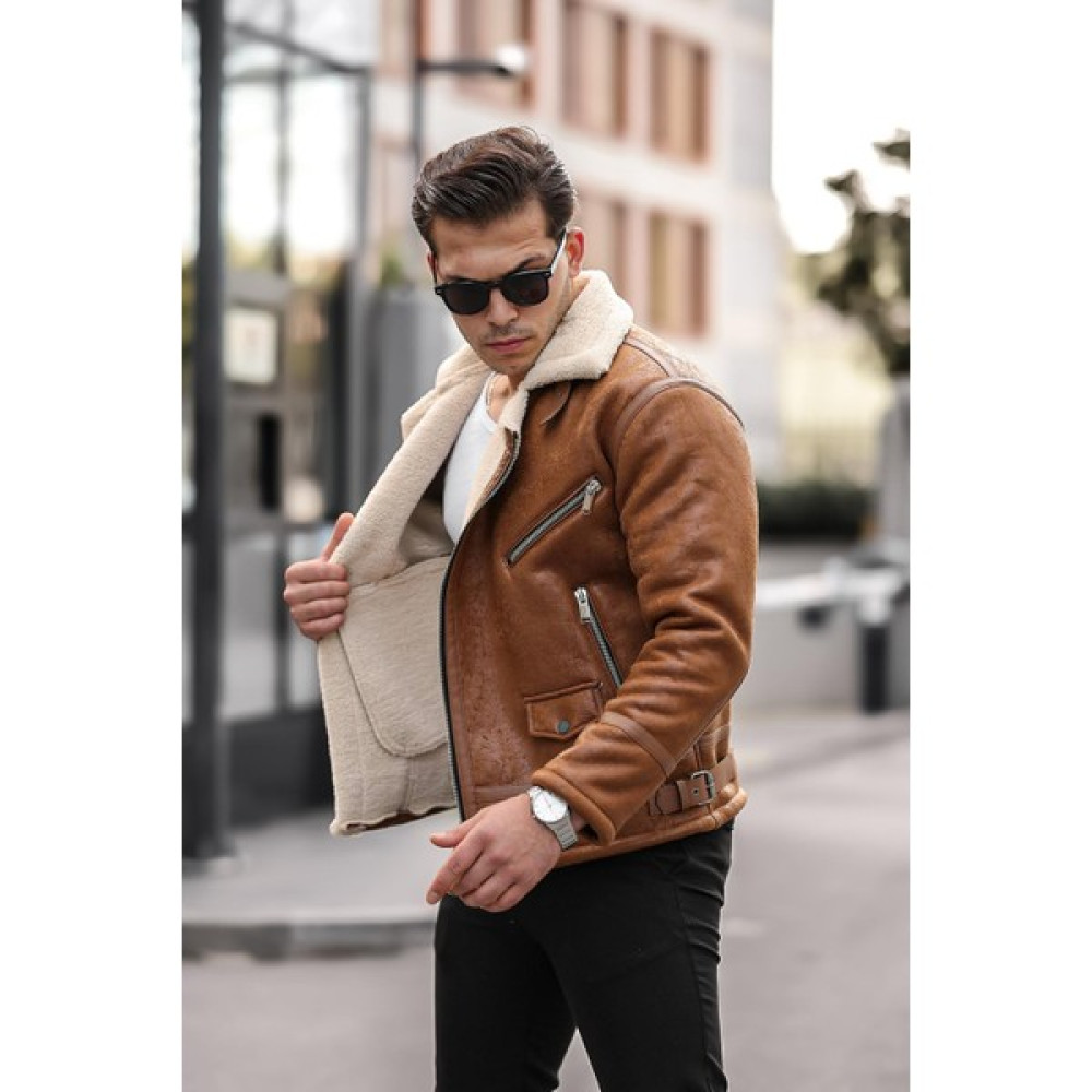 MeroLife Erkek Napa Deri Içi Full Kürklü Yüksek Kalite Slim Fit Taba Mont & Ceket Erkek Mont Fiyatı