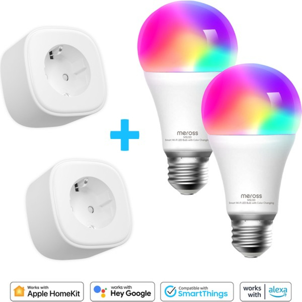 Meross Wi-Fi Uzaktan Kontrollü Akıllı 2li RGB LED Ampul Ve 2li Akım Korumalı Tekli Priz Seti Led Aydınlatmalar Fiyatı