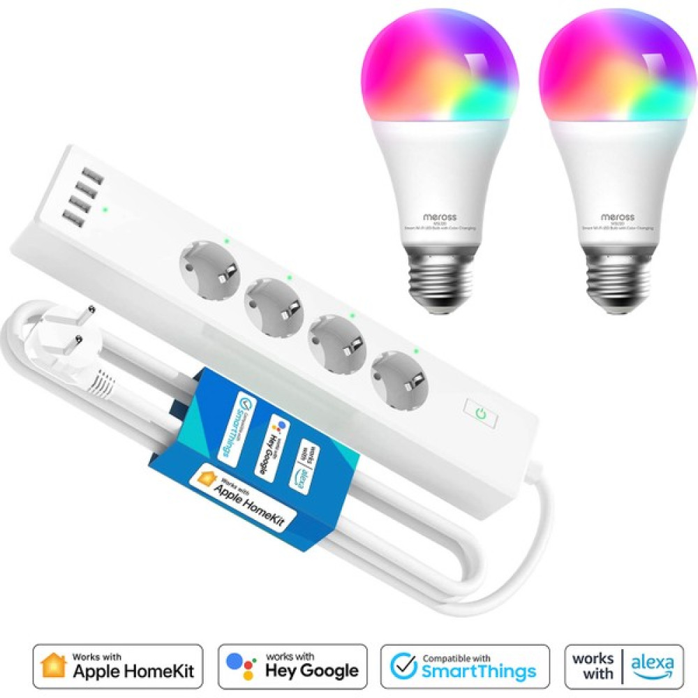 Meross Wi-Fi Uzaktan Kontrollü Akım Korumalı 4 USB Girişli Akıllı 4lü Priz ve 810 Lümen 2li Rgb LED Ampul Prizler Fiyatı