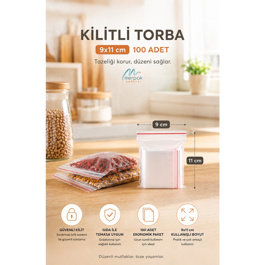 Merpak Ambalaj Kilitli Torba Şeffaf Kilitli Buzdolabı Poşeti Naylon Torba 100'lü (Tüm Ebatlar) - 9 x 11 cm Buzdolapları Fiyatı