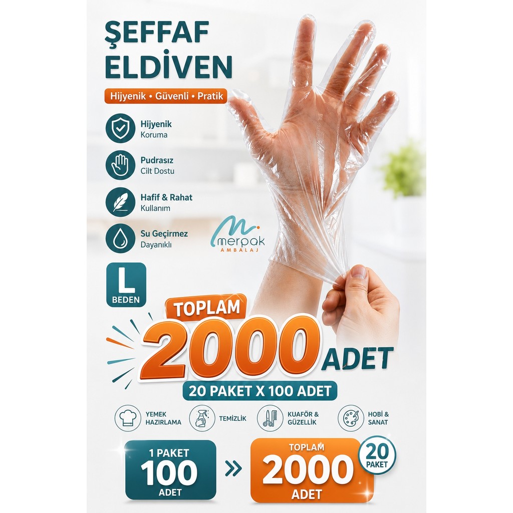 Merpak Ambalaj Şeffaf Eldiven 2000 Adet Hışır Poşet Eldiven Kullan At Eldiven Tek Kullanımlık Eldiven Temizlik Malzemeleri Fiyatı