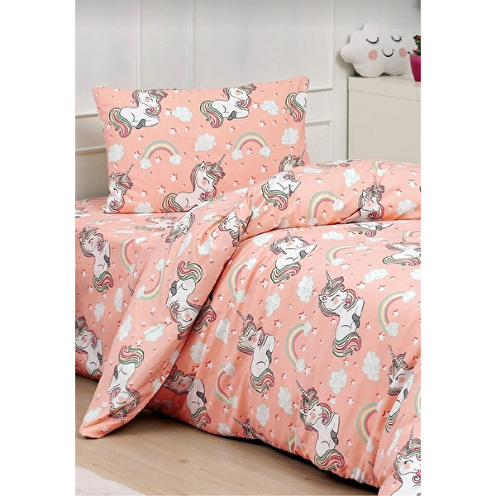 Mert Collection Çarşı Unicorn Pamuklu Lastikli Çarşaflı (Fitted) Tek Kişilik Nevresim Takımı - Yavru Ağzı - 160 x 220 cm Nevresim Takımı Fiyatı