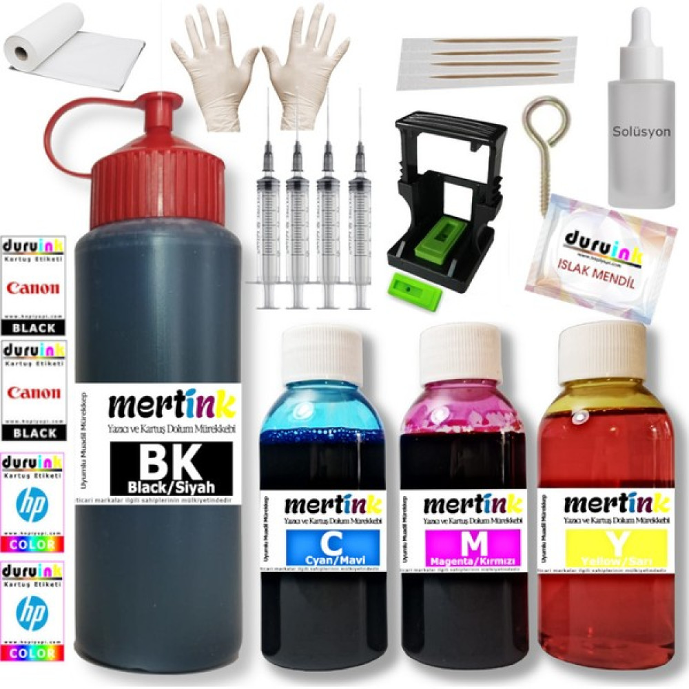 Mertink Hp Deskjet 2710-2721-305 Yazıcı Kartuş Dolum Seti 500ML SİYAH+3X100ML Renkli Mürekkep Kartuş Dolum Ürünleri Fiyatı