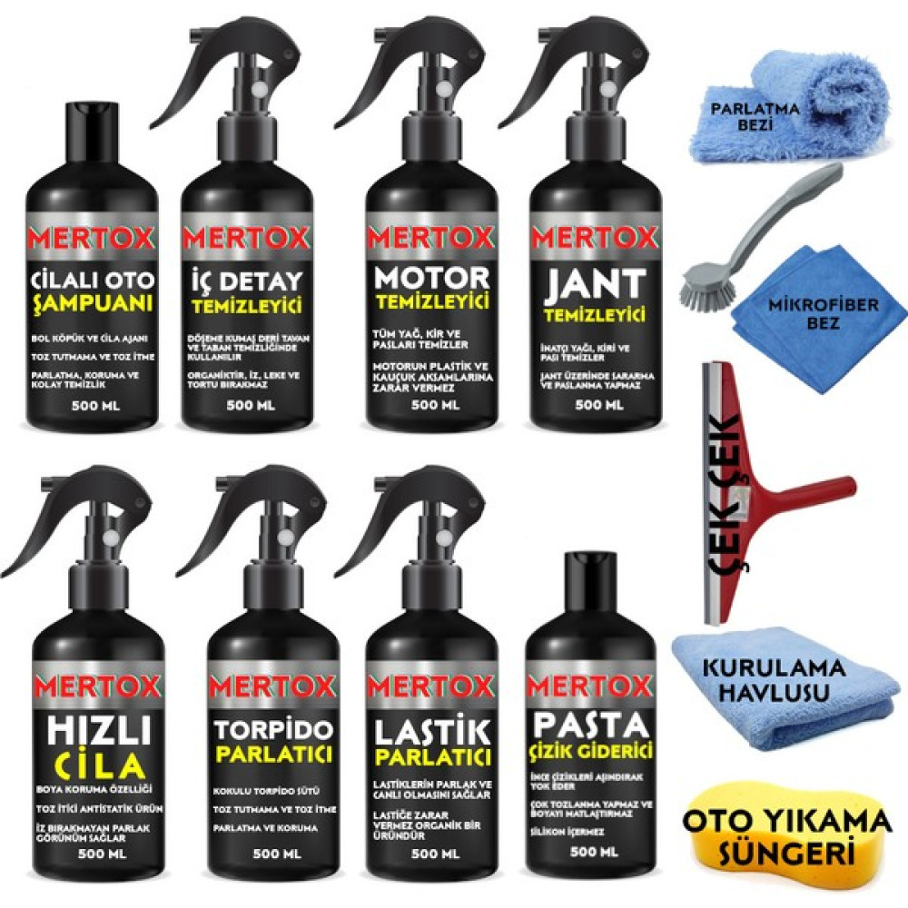 Mertox Oto Araç Araba Temizlik Bakım Ürünleri Seti 8X500ML (Şampuan+Iç Detay+Motor+Hızlı Cila+Torpido+Lastik+Jant+Pasta Oto Genel Temizlik Fiyatı