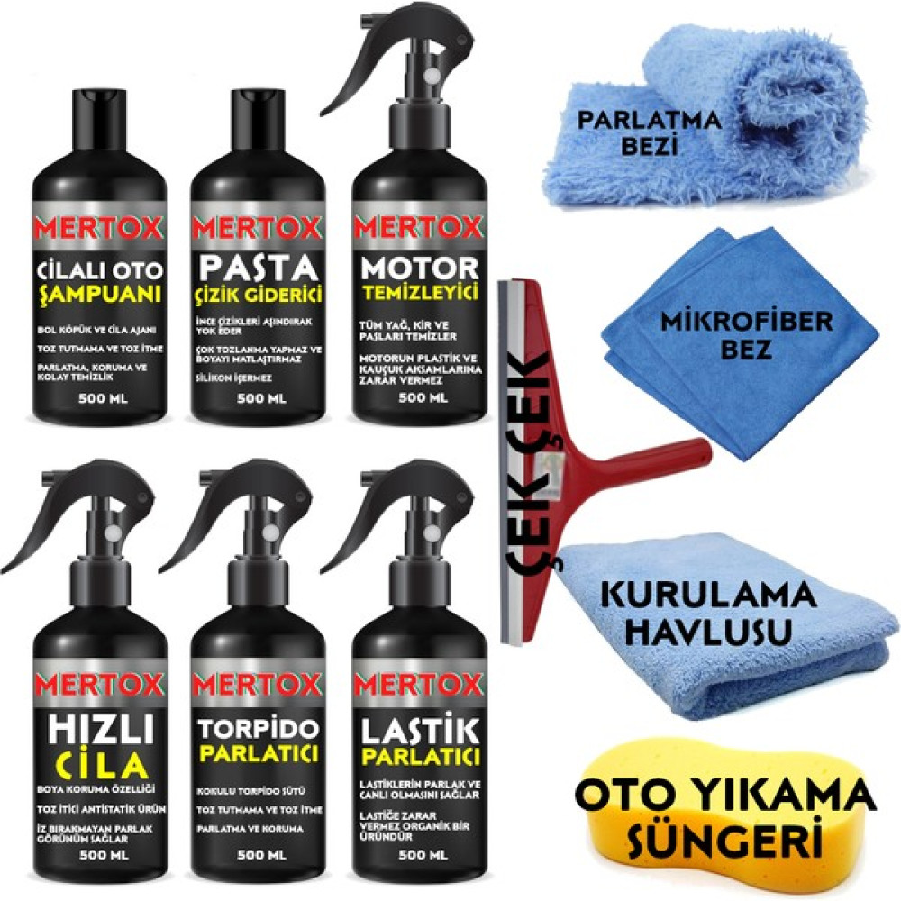 Mertox Oto Araç Araba Temizlik ve Bakım Seti Oto Şampuanı+Pasta Ince Çizik Giderici+Motor Temizleyici+Hızlı Cila+Torpido+Lastik Parlatıcı 6X500ML Oto Boyaları Fiyatı