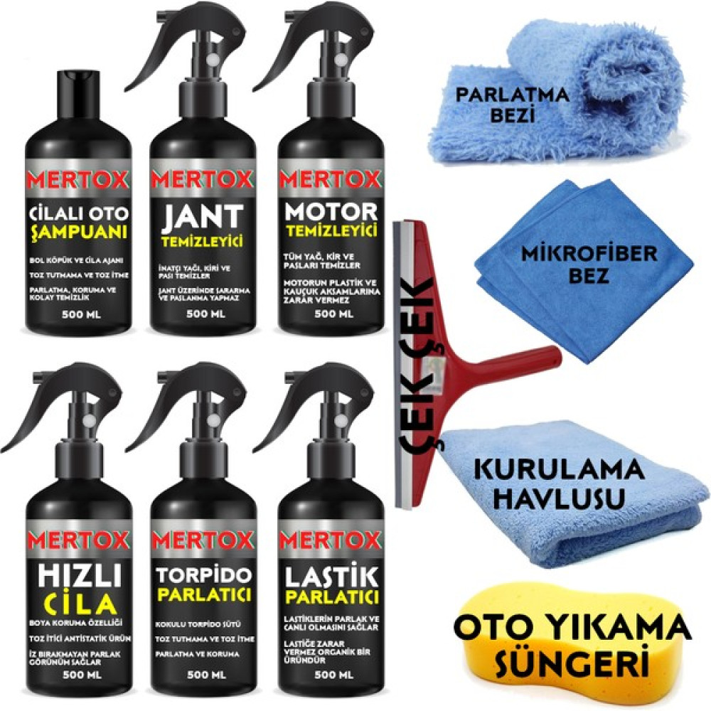 Mertox Oto Temizlik ve Bakım Seti Cilalı Oto Şampuanı+Jant-Motor Temizleyici+Hızlı Cila+Torpido+Lastik Parlatıcı 6X500ML Oto Genel Temizlik Fiyatı