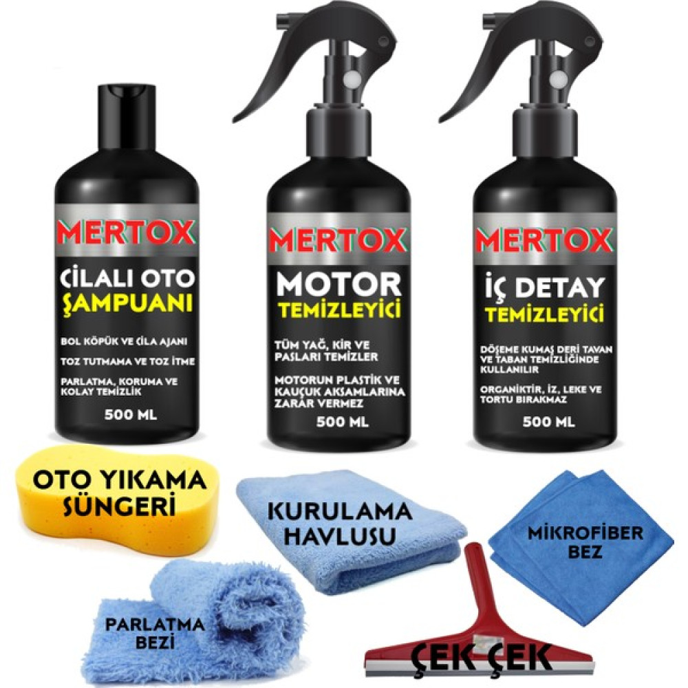 Mertox Oto Temizlik ve Bakım Seti Cilalı Oto Şampuanı+Motor+Iç Detay Temizleyici 3X500ML Temizleme Solüsyon Bakım Koruma Oto Genel Temizlik Fiyatı