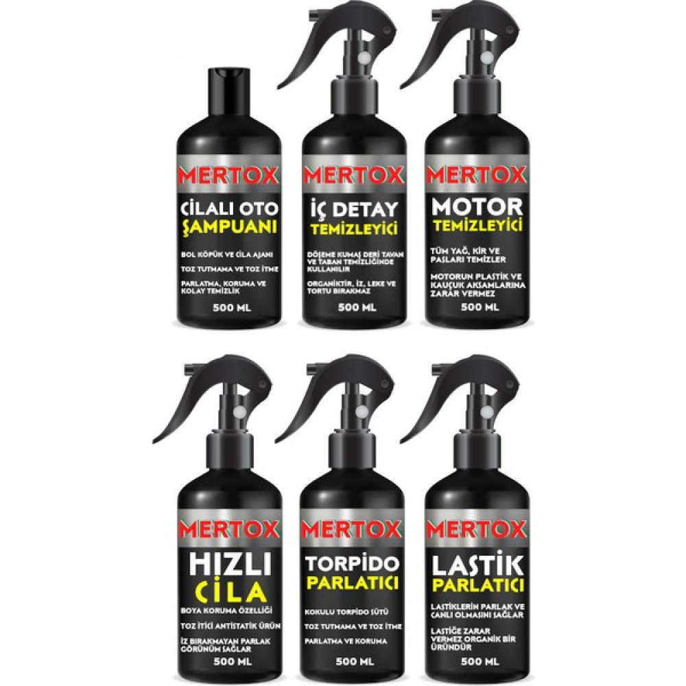 Mertox Otomobil Araç Araba Oto Temizlik Seti Oto Şampuanı+Iç Detay+Motor+Hızlı Cila+Torpido+Lastik 6X500ML Oto Boyaları Fiyatı