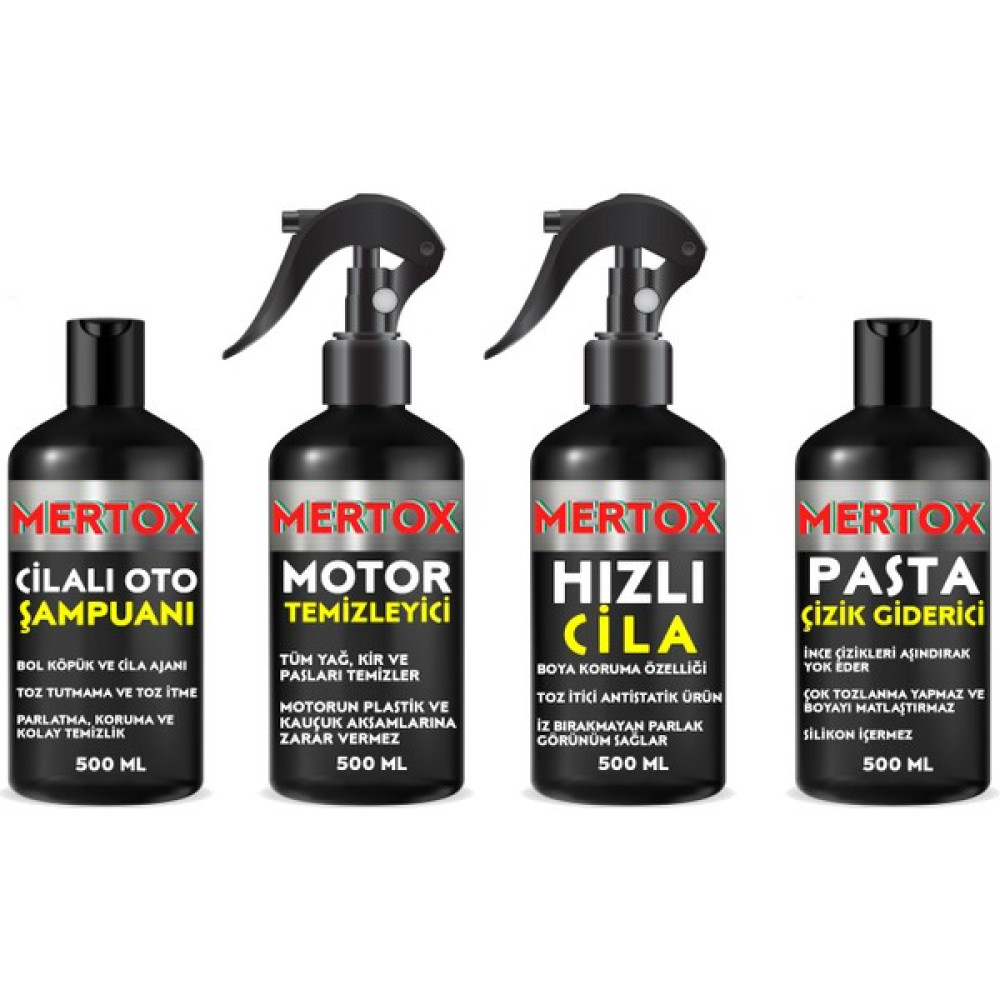 Mertox Otomobil Araç Araba Oto Temizlik Seti Ürünleri Oto Şampuanı+Motor Temizleyici+Hızlı Cila+Ince Pasta 4X500ML Oto Genel Temizlik Fiyatı