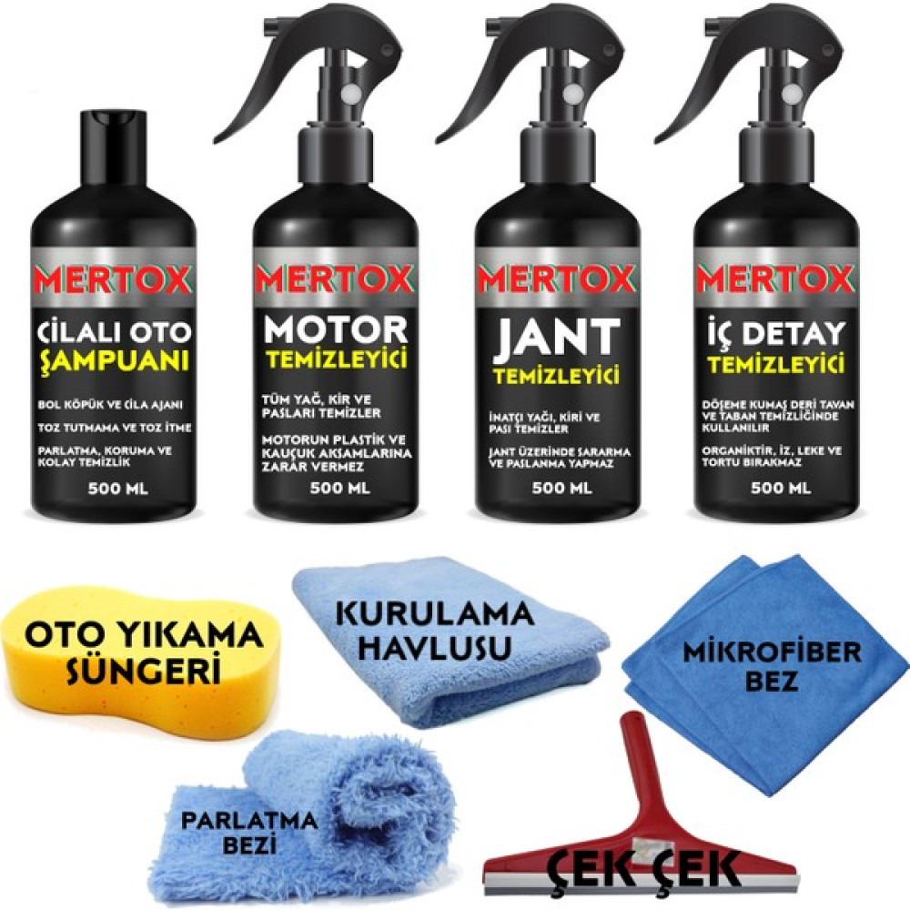 Mertox Otomobil Araç Araba Oto Temizlik ve Bakım Seti Motor Jant Iç Detay Temizleyici ve Oto Şampuanı 4X500ML Oto Genel Temizlik Fiyatı