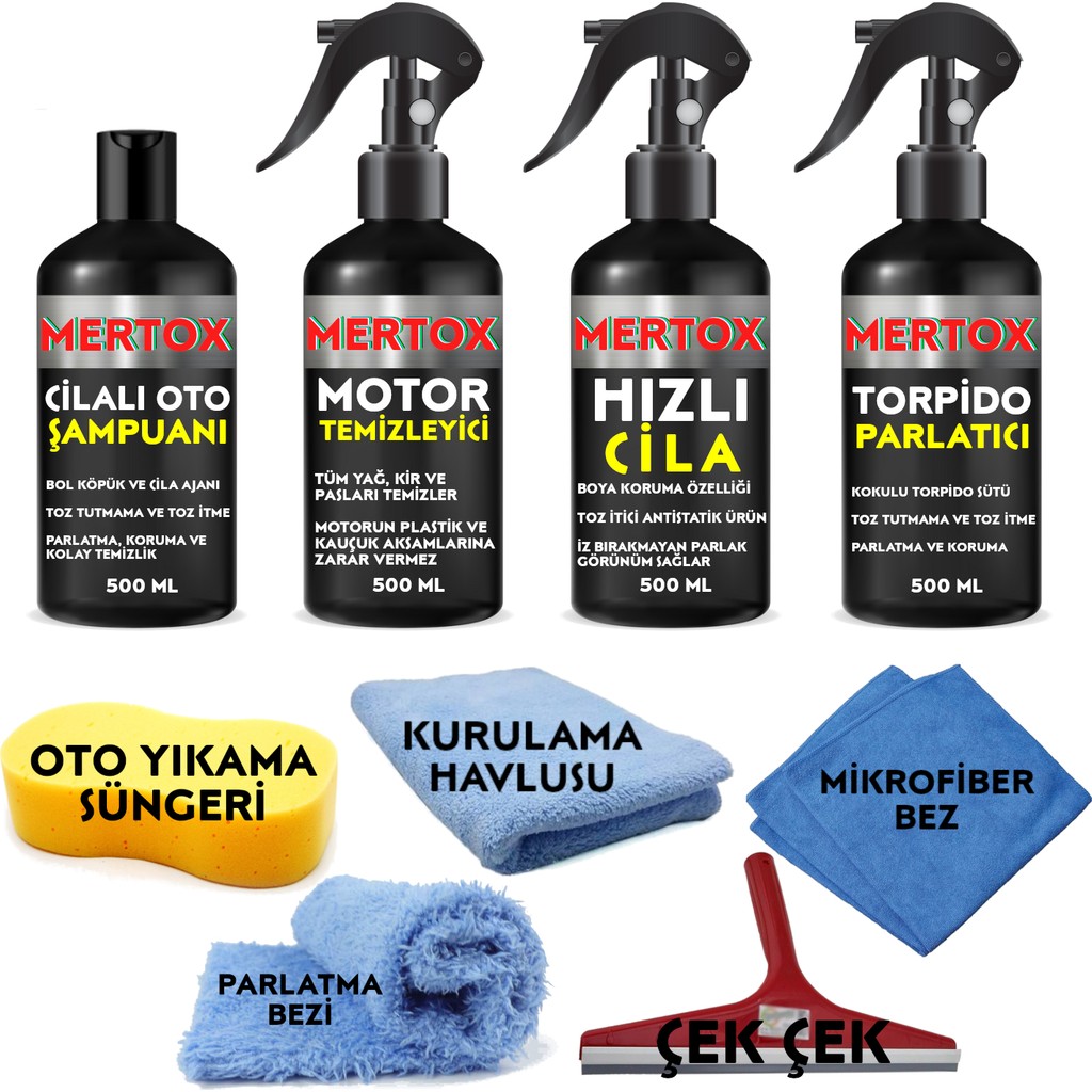 Mertox Otomobil Araç Araba Oto Temizlik ve Bakım Seti Oto Şampuanı+Motor Temizleyici+Hızlı Cila ve Torpido Parlatma Sütü 4X500ML Oto Genel Temizlik Fiyatı