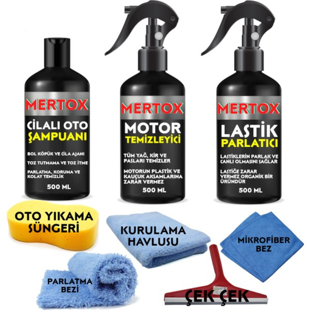 Mertox Otomobil Araç Araba Oto Temizlik ve Bakım Seti Oto Şampuanı+Motor+Lastik Parlatıcı 3X500ML Temizleme Solüsyon Bakım Oto Genel Temizlik Fiyatı
