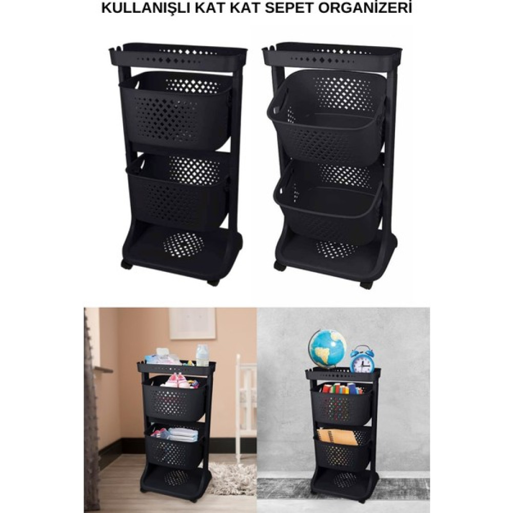Merva Kat Kat Sepet Organizeri, Tekerlekli Taşınabilir Organizer, Düzenleyici - Siyah Duvar Rafı Fiyatı