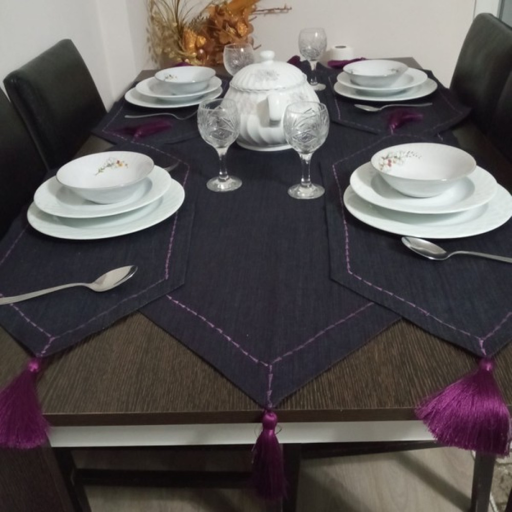 Meryemce Simli Mor Keten Özel Tasarım Ranır Masa Örtüsü Takımı 5 Parça - 150 x 45 cm Masa Örtüsü Fiyatı