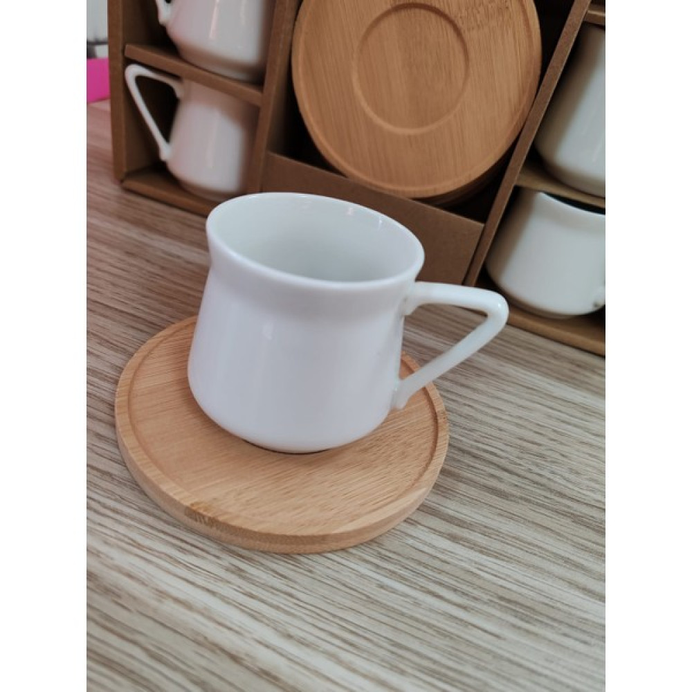 Mesapa 6 Kişilik Bambu Tabaklı Fincan Takımı, Porselen Fincan Takımı, Bambu Fincan Takımı, Türk Kahvesi Set - Beyaz - Sarı Fincan / Bardak / Kahve Takımı Fiyatı