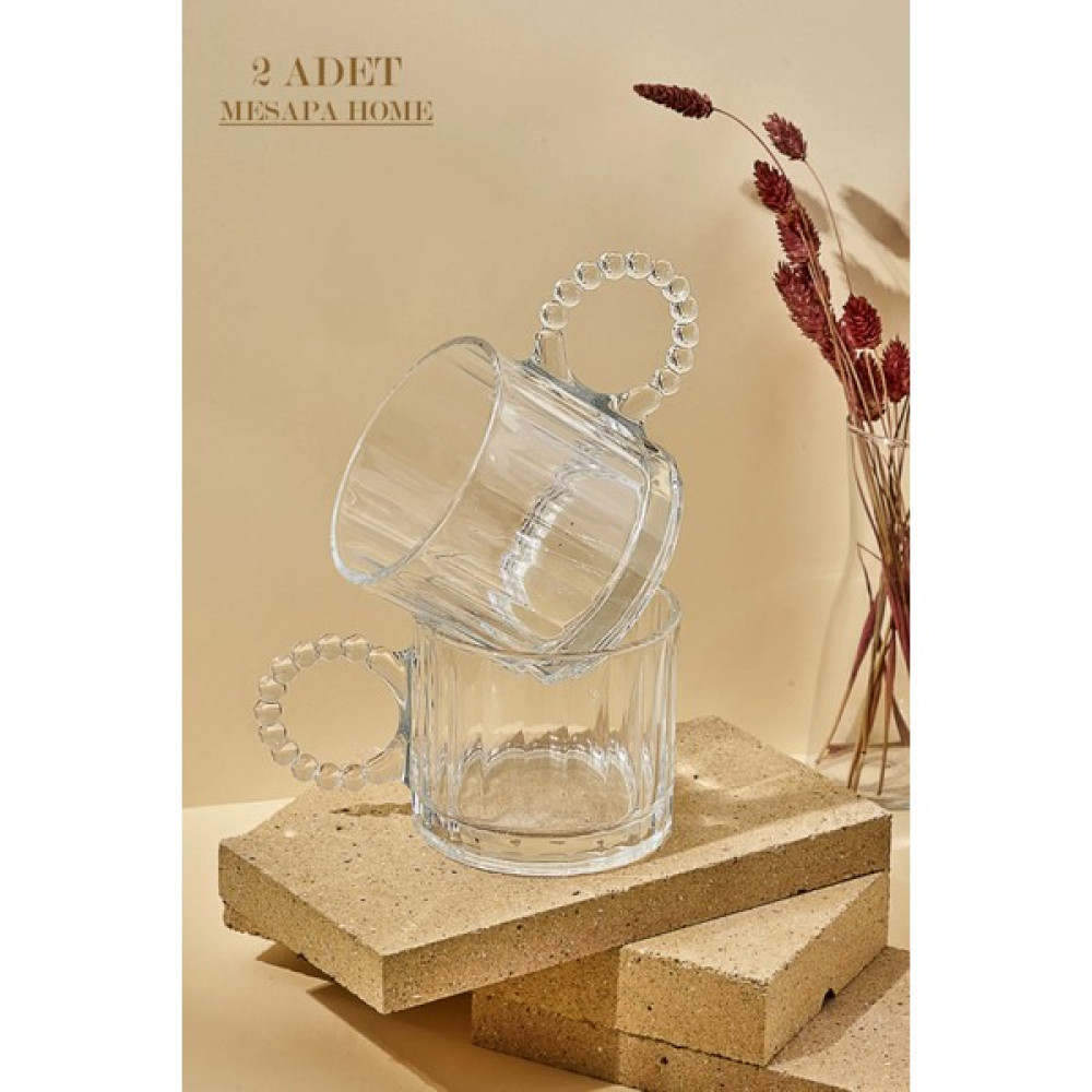 Mesapa Home Boncuk Kulplu Cam Kupa, Çizgi Desen Mug, Ringo Stone 325 Ml. Çay Kahve ve Sunum Bardağı 2 Fincan / Bardak / Kahve Takımı Fiyatı