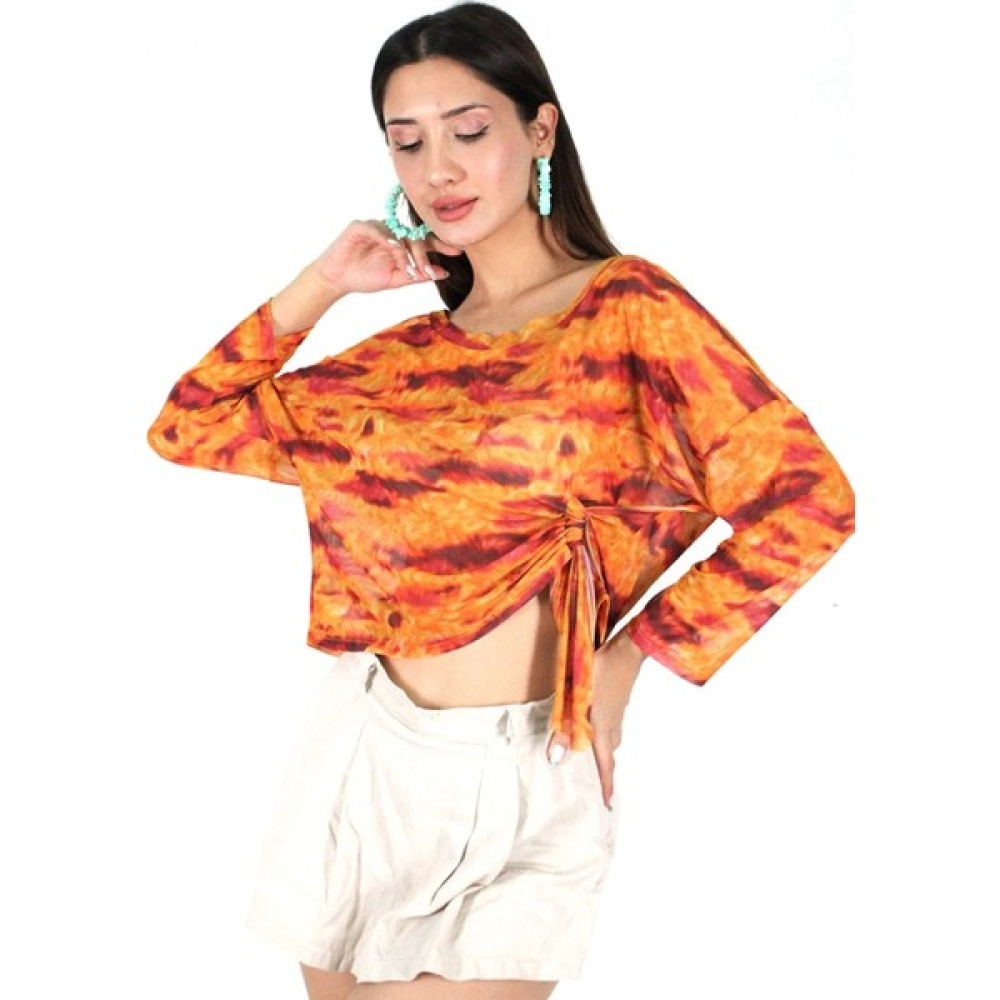 Meskan Tekstil Transparan Turuncu Desenli Büzgü Detaylı Oversize Crop Top Bluz Fiyatı