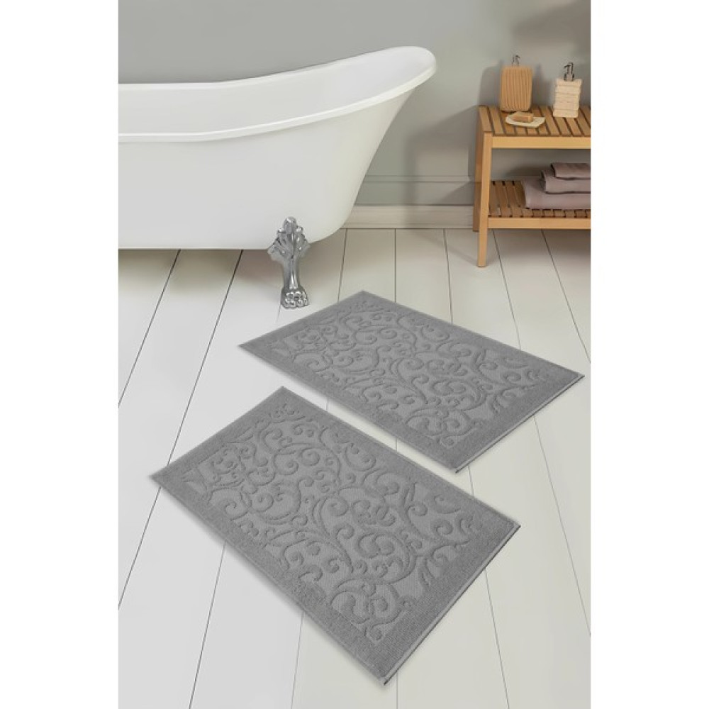 Meslina Home 2 Adet Jakar Desenli %100 Pamuk Ayak Havlusu - Banyo Paspası - 50 x 70 cm - Gri Ayak Havlusu Fiyatı