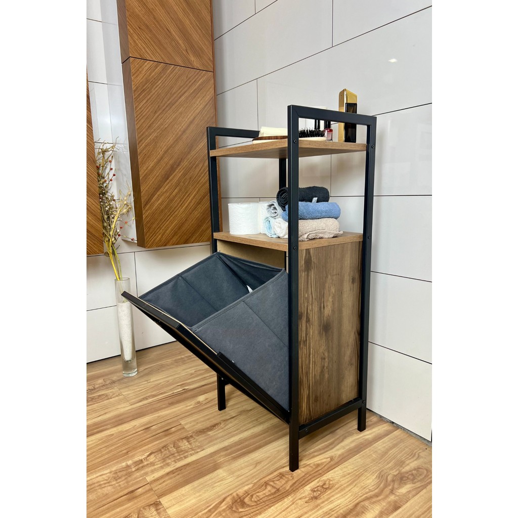Metal Ahşap Çamaşır Sepeti Banyo Düzenleyici Kirli Sepeti 2 Katlı Banyo Rafı Tek Gözlü Modern Banyo Dolabı - Siyah - Kahverengi Banyo Dolabı / Mobilyası Fiyatı