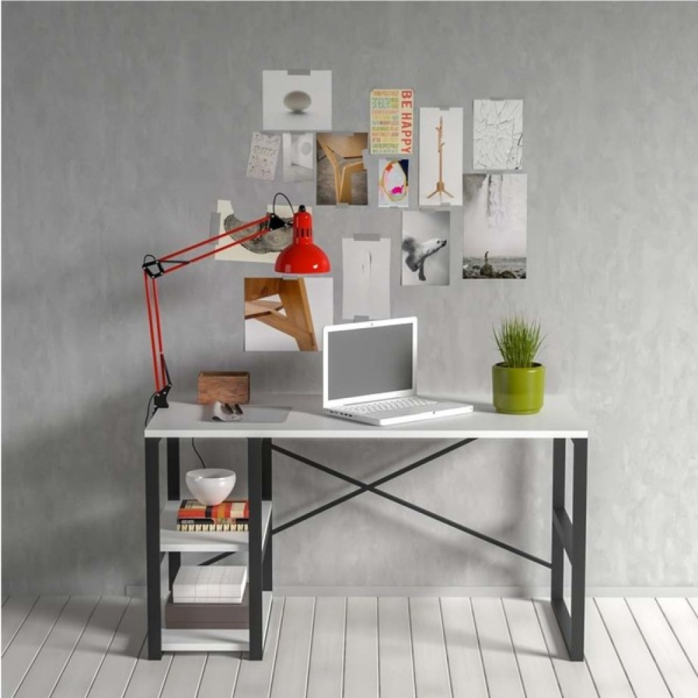 Metal Destekli Bilgisayar Çalışma Masası 2 Raflı 60X120CM Mdf ID00499 - 60x120 cm - Beyaz Çalışma Masası Fiyatı