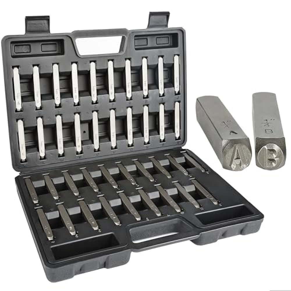 Metal Stamp Number & Letter Punch Set (39 Piece - Industrial Grade Steel Stamps) 1/4" Letters A-Z, Numbers 0-9, and 4 Extra Symbols - Hard Shell Plastic Storage Case
