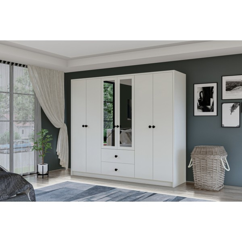 Metalia Gm 036 Lüx 6 Kapı 2 Çekmeceli Düğme Kulplu Aynalı Gardırop - Beyaz Gardrop & Dolap Fiyatı