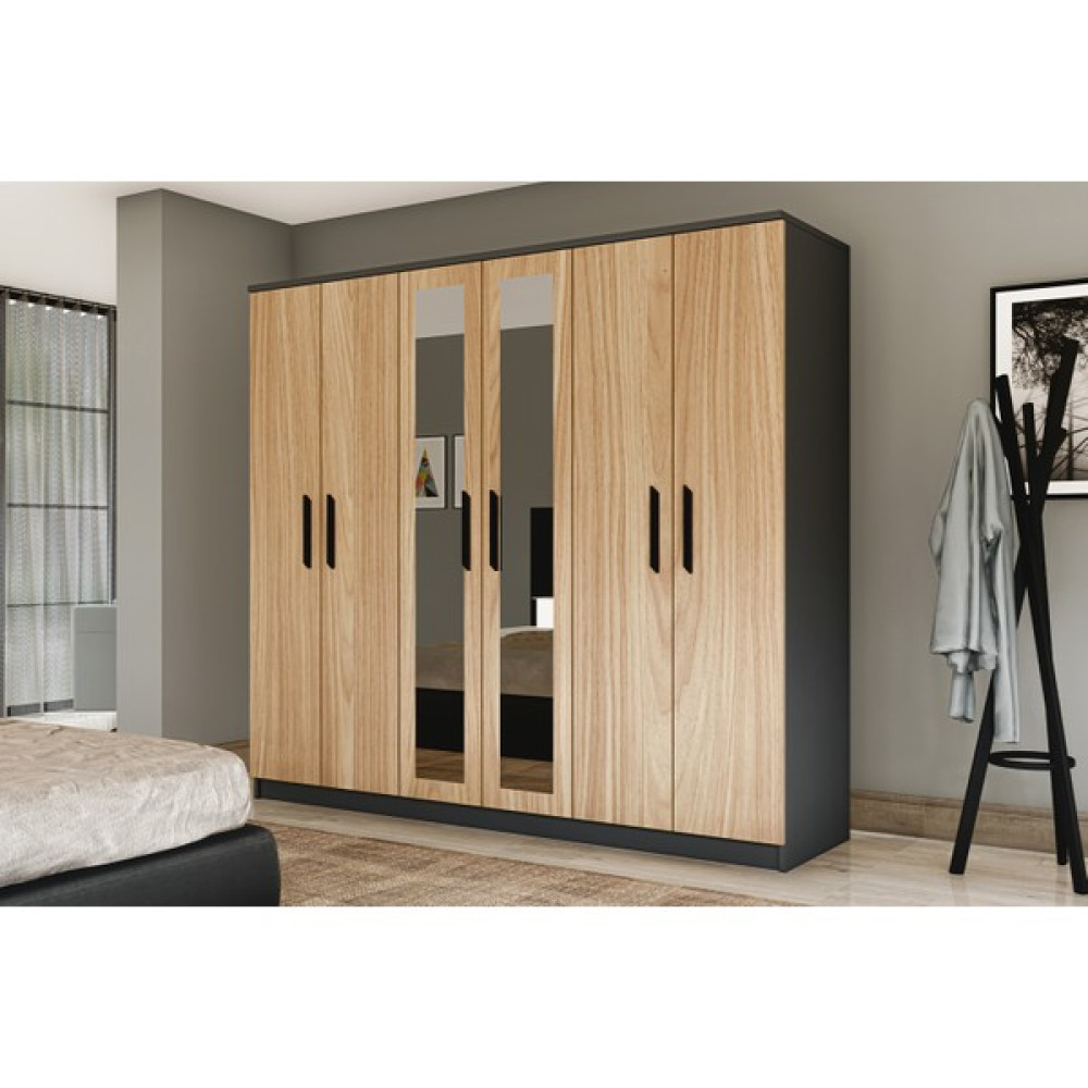 Metalia Gm 088 6 Kapılı Aynalı Sonomo - Antrasit Gri Siyah Kulplu Gardırop - Sonoma Gardrop & Dolap Fiyatı