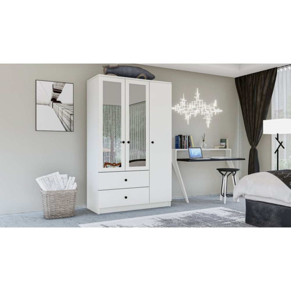Metalia Gm 853 Home 3 Kapılı 2 Çekmeceli Düğme Kulplu Aynalı Gardırop - Beyaz Gardrop & Dolap Fiyatı