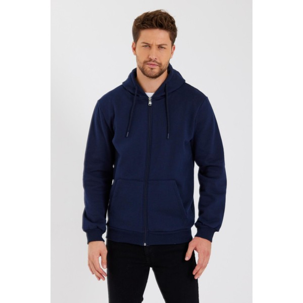 Metalıc Lacivert Kanguru Cepli Kapüşonlu Fermuarlı Içi Pamuklu Erkek Sweatshirt Erkek Sweatshirt Fiyatı