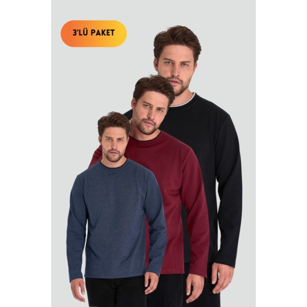 Metalic Siyah-İndigo-Bordo Erkek Çift Bisiklet Yaka Standart Rahat Kesim 3'lü Sweatshirt Erkek Sweatshirt Fiyatı