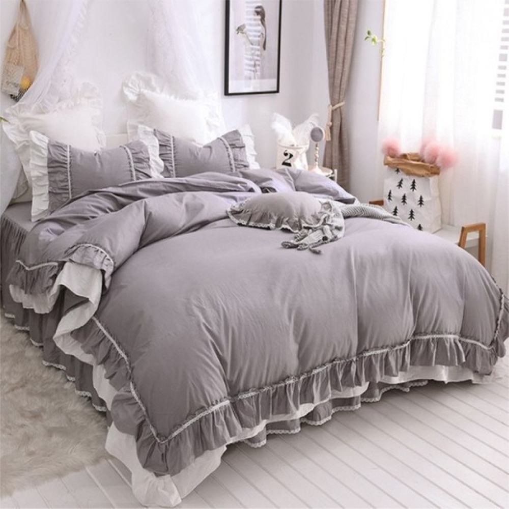 Metinev Gri Beyaz Çift Kişilik Pamuk Saten Fırfırlı Nevresim Takımı - Gri - Beyaz - 200 x 220 cm Nevresim Takımı Fiyatı