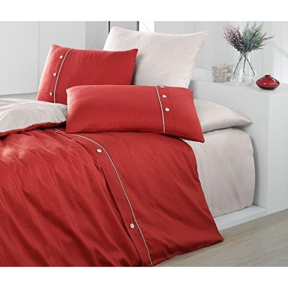 Metinev Kırmızı Beyaz Çizgili Düğme Süslemeli Pamuk Saten Nevresim Takımı - Kırmızı - Beyaz - 200 x 220 cm Nevresim Takımı Fiyatı