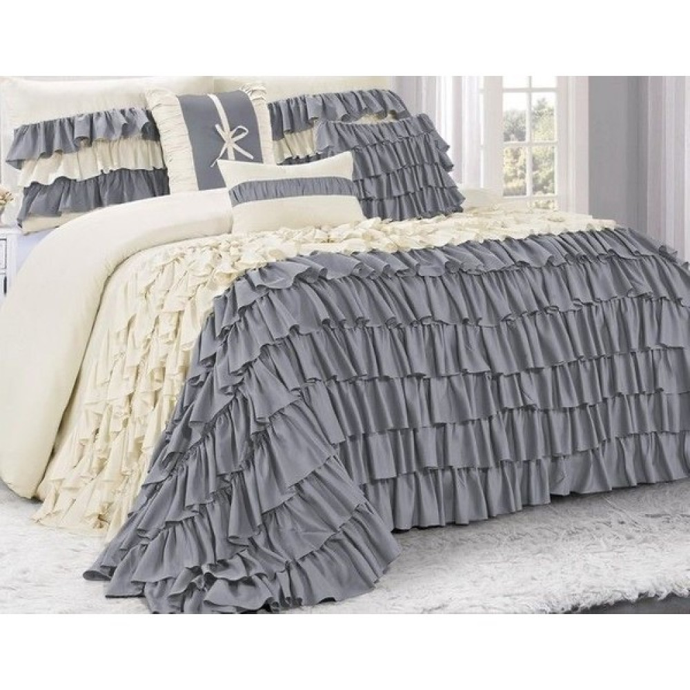 Metinev Krem ve Gri Pamuk Saten Fırfırlı Nevresim Takımı - 200 x 220 cm Nevresim Takımı Fiyatı