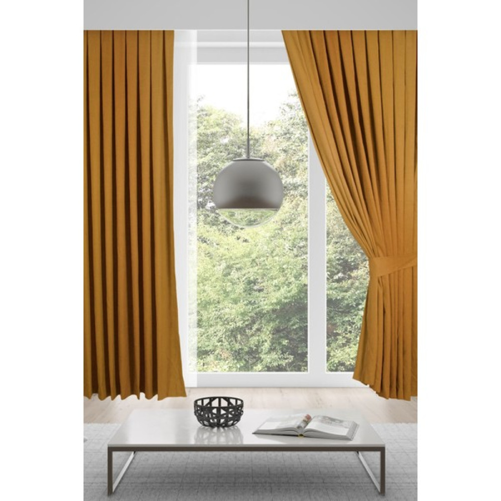 Mevva Home Kadife Fon Tek Kanat Perde (1x2 Seyrek Pileli) -Hardal Sarısı - Hardal - 100 x 255 cm Fon Perde Fiyatı
