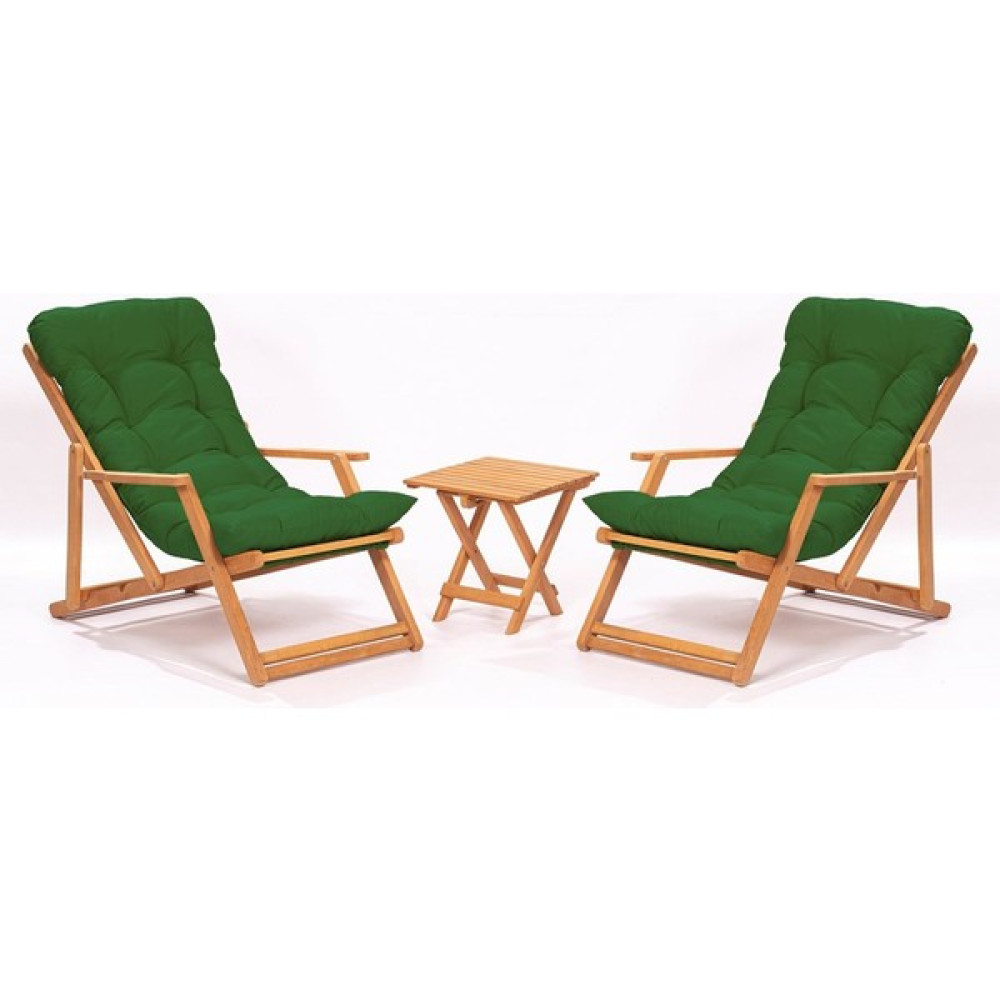 Meya Dekor Simona Grand Şezlong 2+1 Ahşap Bahçe Balkon Teras Katlanır Set - Yeşil Minder Şezlong Fiyatı
