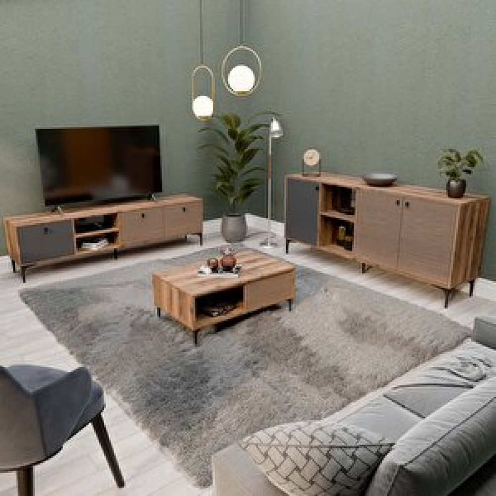 Mezza Vision Tv Ünitesi - Orta Sehpa - Konsol Seti Hat - Kaplan - Antrasit Set 1362-2090-1682 Tv Ünitesi / Sehpası Fiyatı