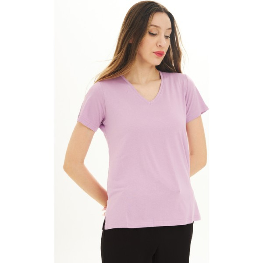 Mezzo V Yaka Kısa Kol T-Shirt Lila Bayan T-shirt Fiyatı
