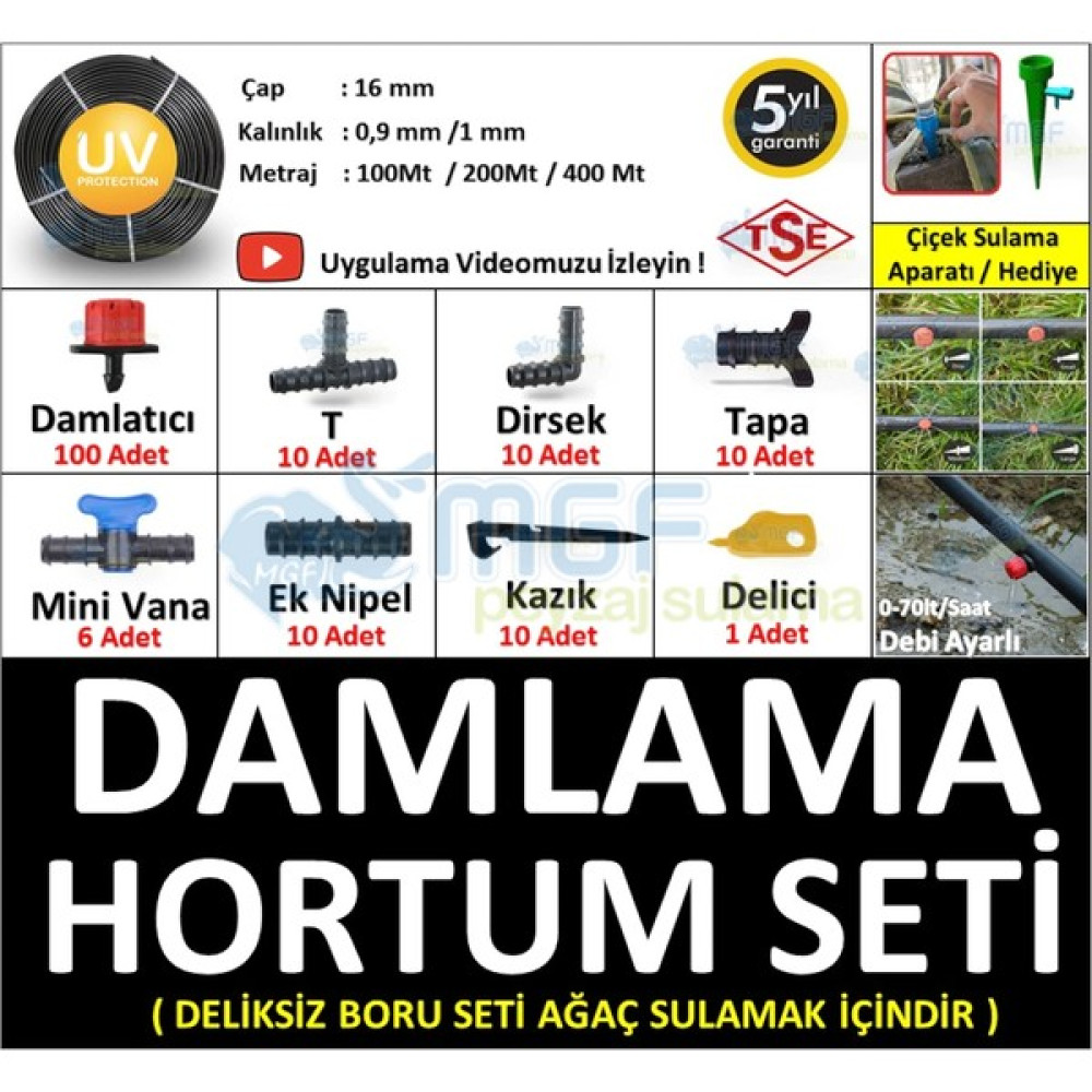 Mgf Plast 100 Mt. Damla Sulama Borusu Deliksiz Damlama Sulama Hortumu Hazır Aparatlı Seti Sistemi - 100 m Bahçe Malzemeleri Fiyatı