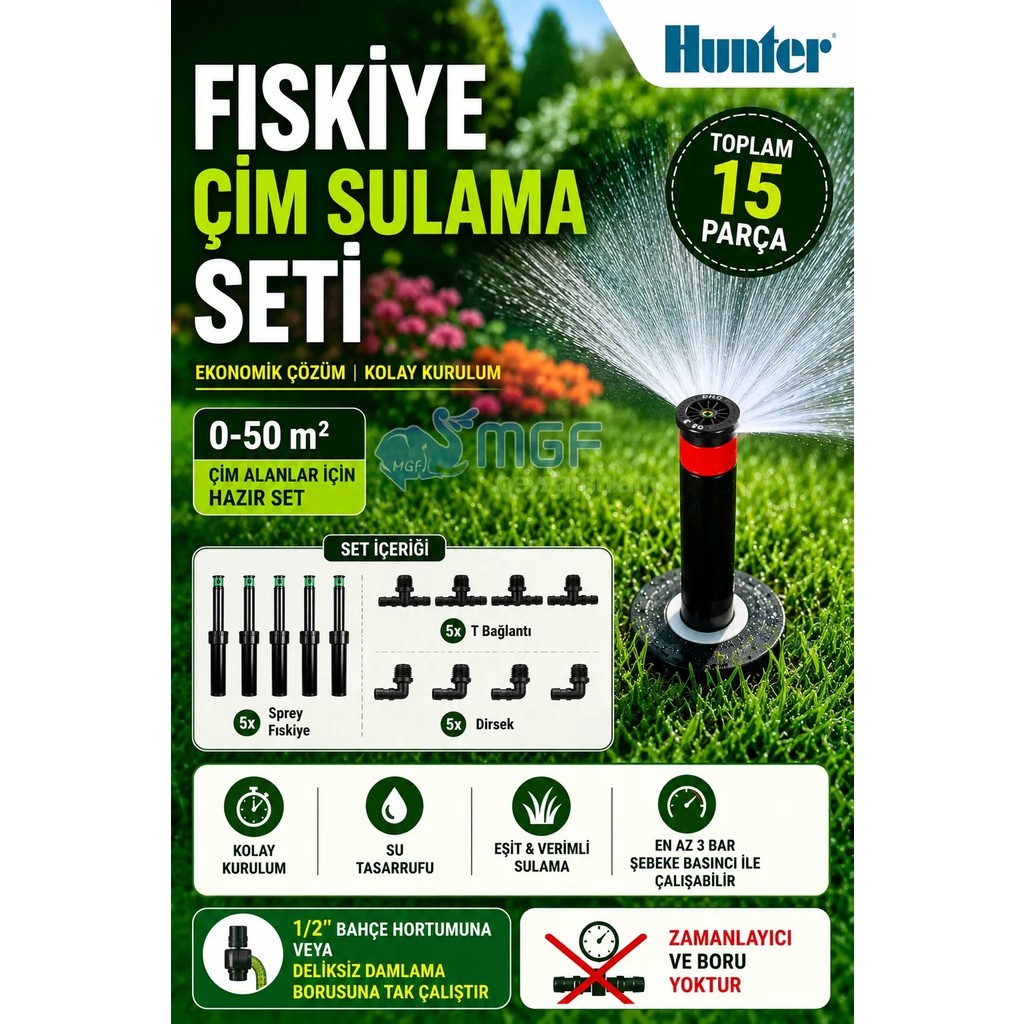 Mgf Plast 5 Adet x Hunter Çim Sulama Kısa Gövde Psu-02(7cm) Sprey Fıskiye Ayarlı Nozul DAHIL(0°-360°) + Ek Parçaları Diğer Fiyatı