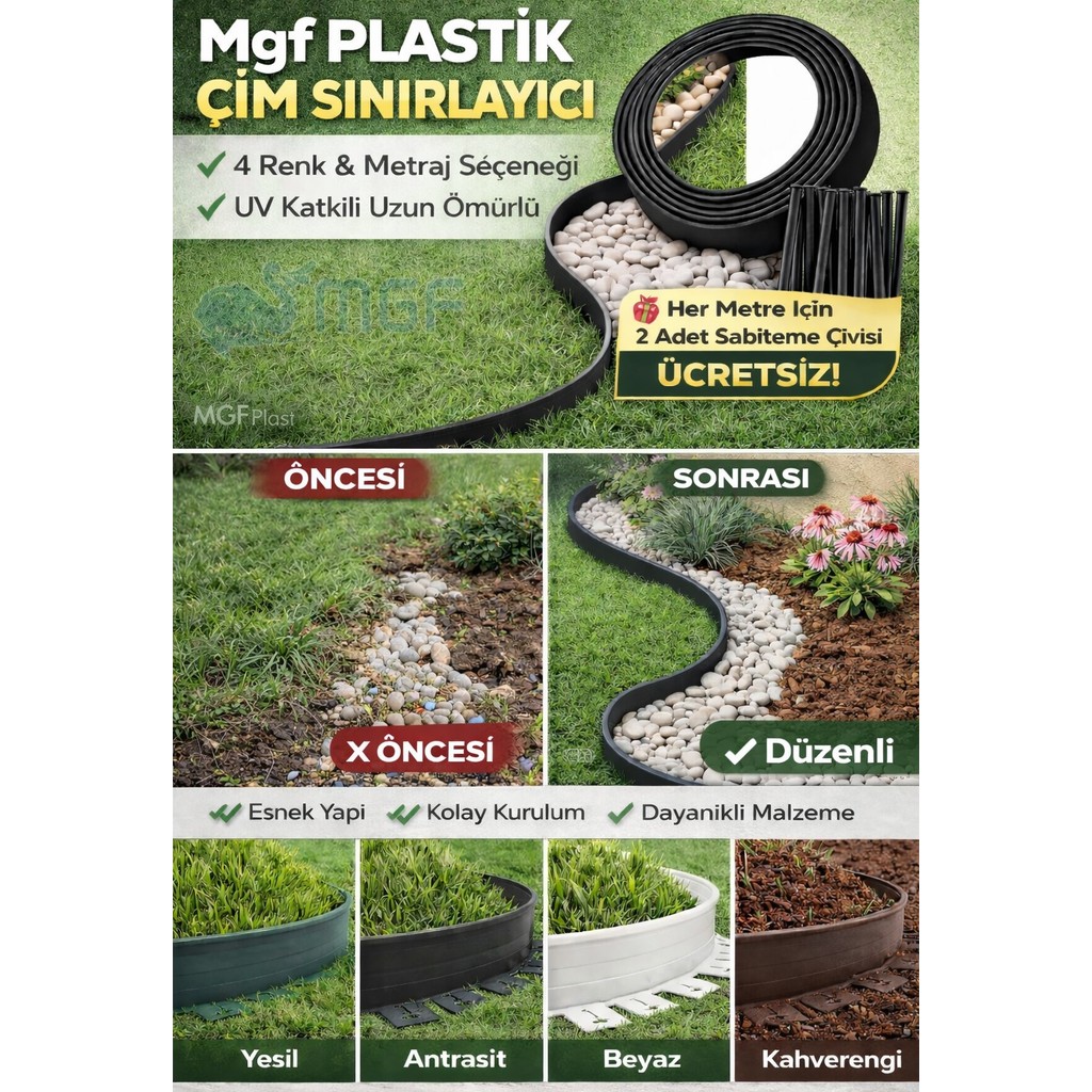 Mgf Plastik YEŞİL Çim Ayırıcı | Esnek Çim Sınırlayıcı Peyzaj Bordürü Taş Toprak Ayırma Bariyeri + Sabitleme Çivili - 1 x 25 m SSD / Solid State Drive Fiyatı