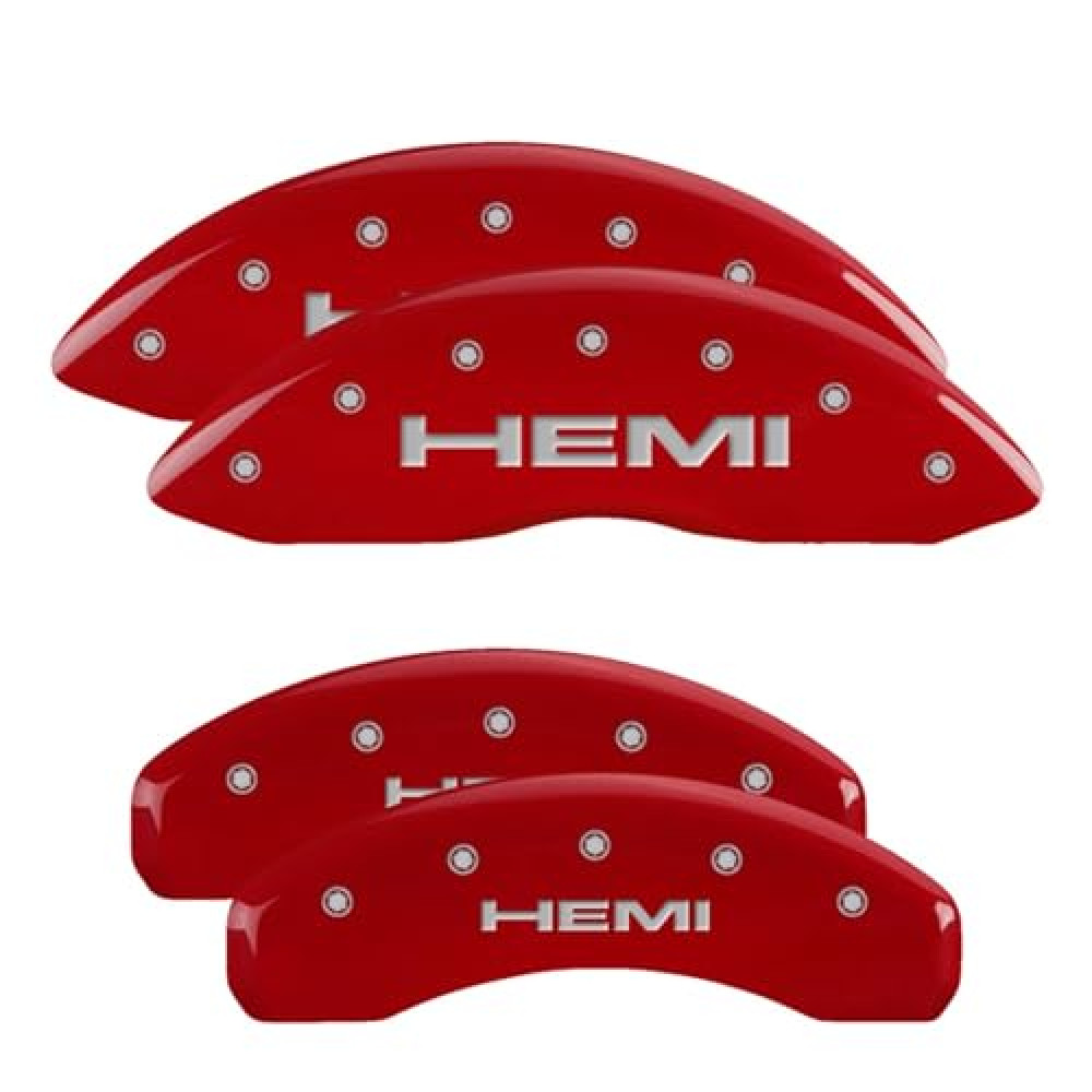 MGP Brake Caliper Covers for 2019-2025 RAM 1500 (Requires 18"+ Wheels or Larger) Engraved HEMI Logo, Red Powder-Coated Finish, Aluminum Front and Rear Caliper Covers (Set of 4)