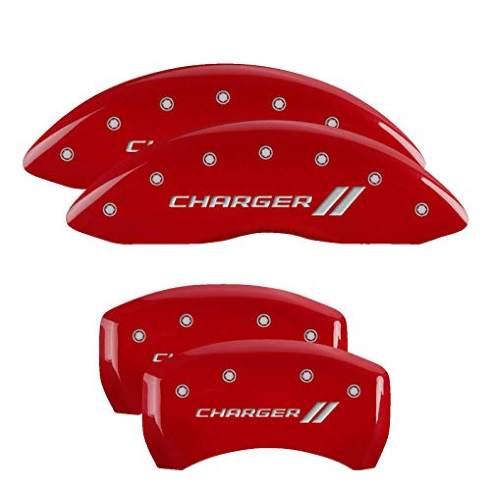 MGP Caliper Covers - Brake Caliper Covers 2011-2023 Dodge Challenger 2011-2023 Dodge Charger (Dual Piston) Front and Rear Set - Charger II Logo - Red