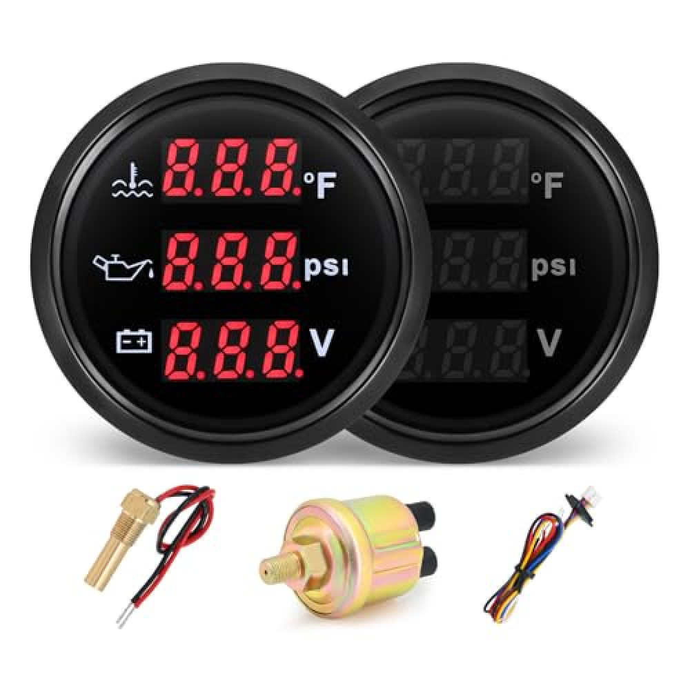 MH Triple Gauge Set - Water Temp (104°F-248°F), Oil Pressure (0-145PSI), Voltmeter (9-32V), AUTO Gauge with Sensors 2" 52mm 3-in-1 Boat Marine Meter Kit (Black)