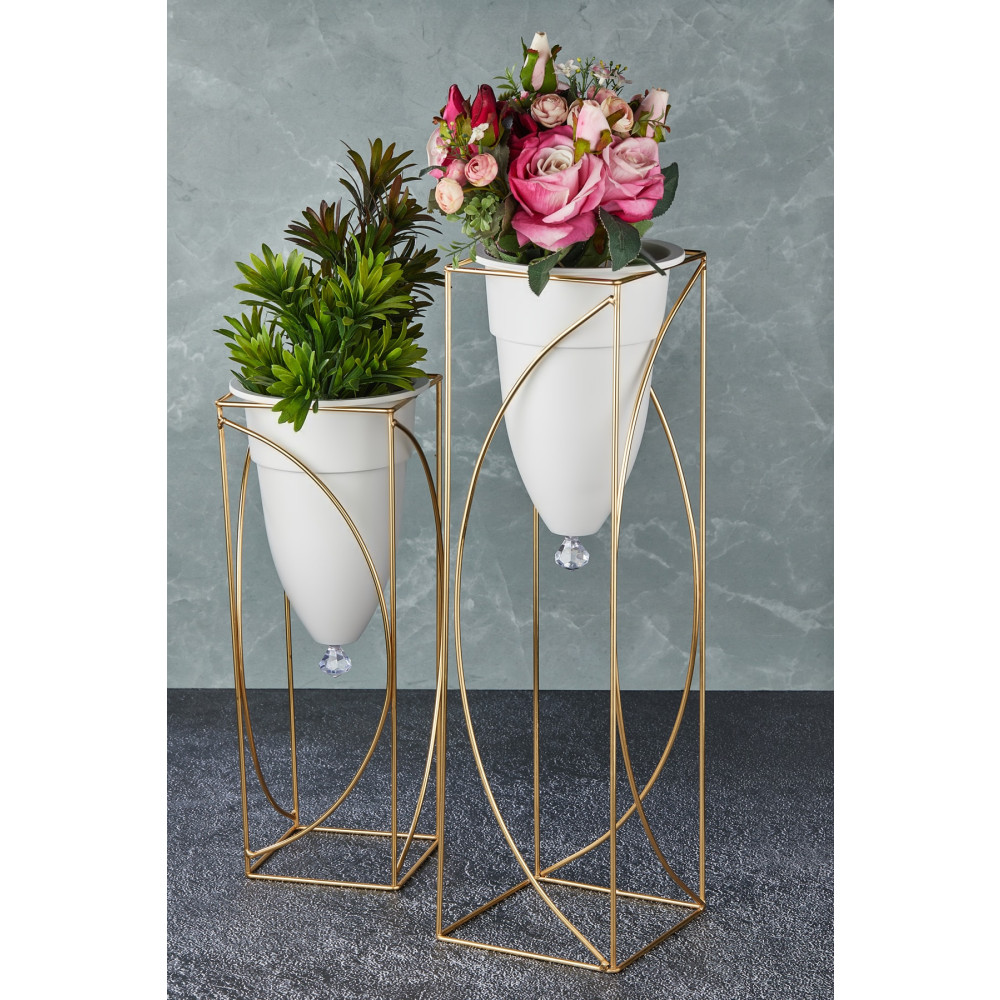 MHK Collection Metal 2li Gold Ayaklı Dekoratif Beyaz Saksı Vazo Fiyatı