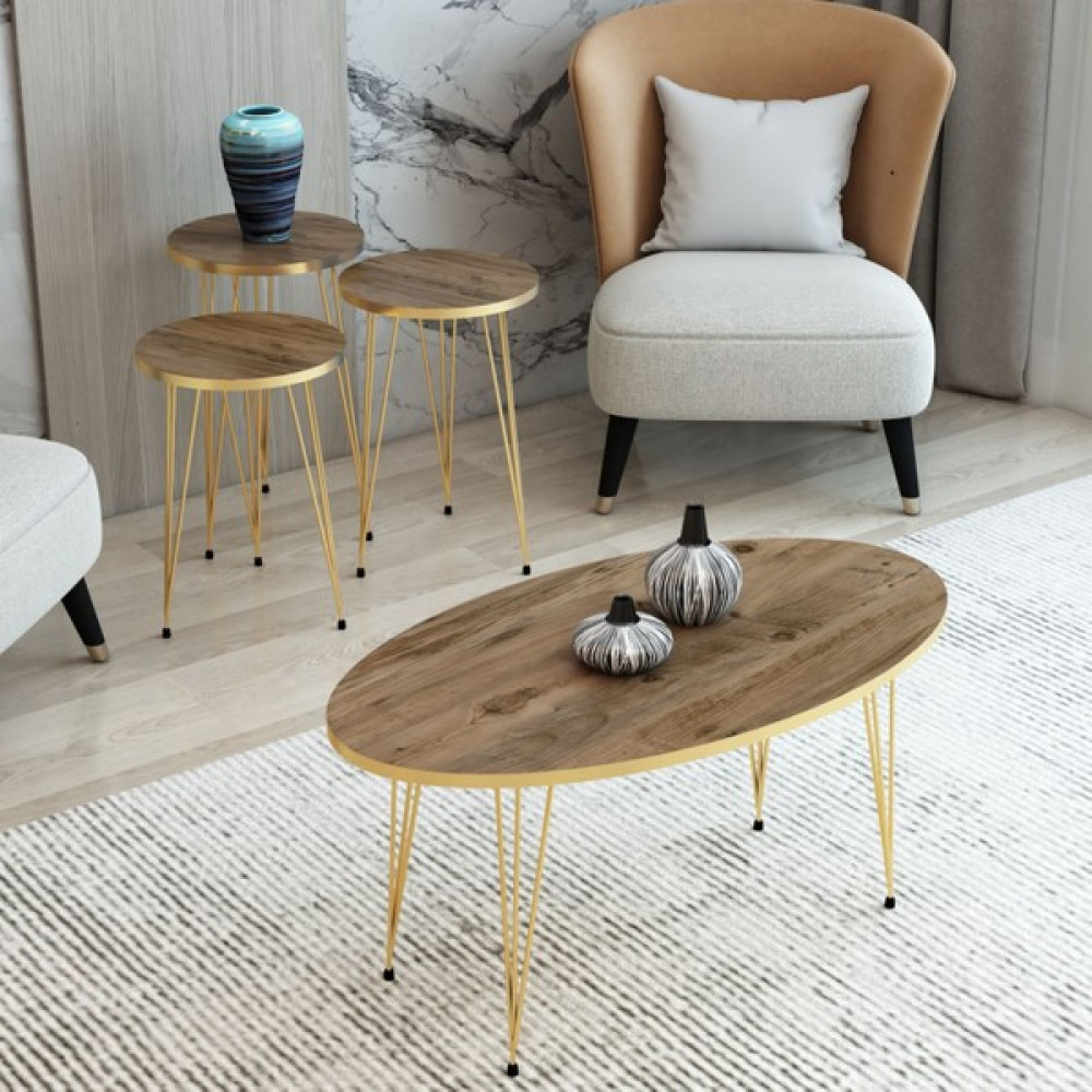 Mhrgroup Cma Ceviz Gold Orta Sehpa Seti,zigon Sehpa Seti 4lü Zigon Set - Ceviz-Çam - YUVARLAK ORTA SEHPA Orta Sehpa Fiyatı