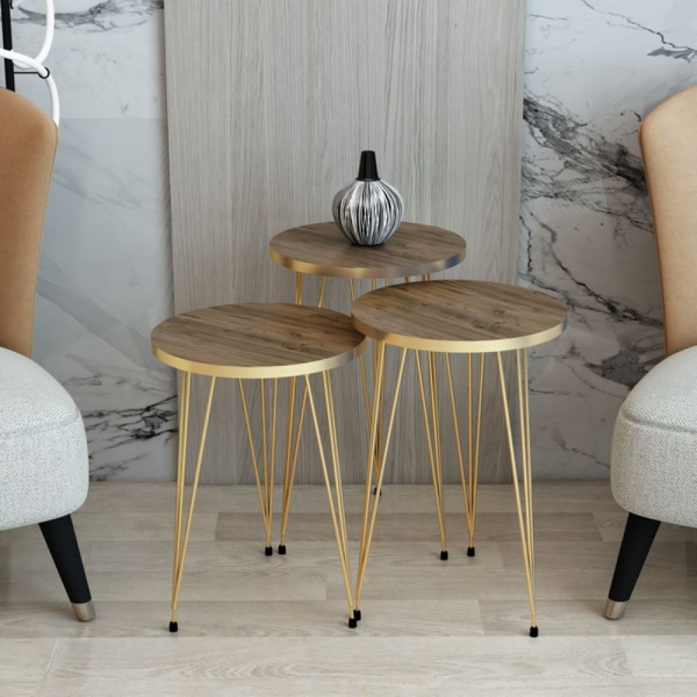 Mhrgroup Cma Ceviz Üçlü Zigon Sehpa Gold Metal Ayaklı Zigon Sehpa Fiyatı