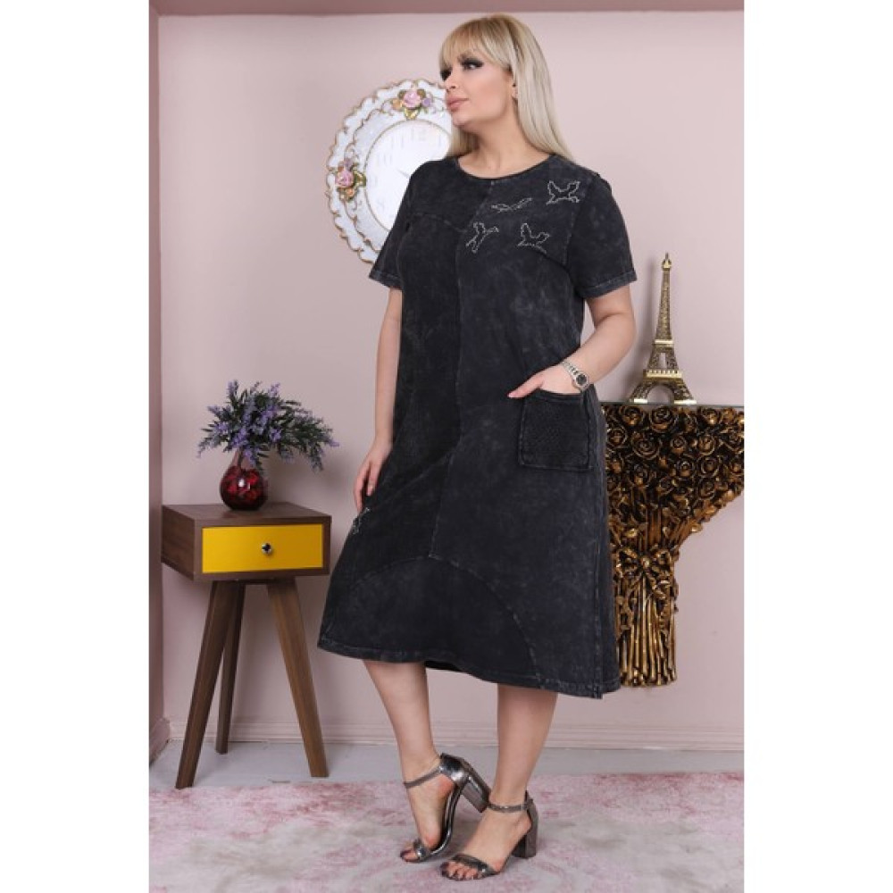 Mia Butik Büyük Beden Siyah Pamuklu Kuşlu Elbise Elbise Fiyatı