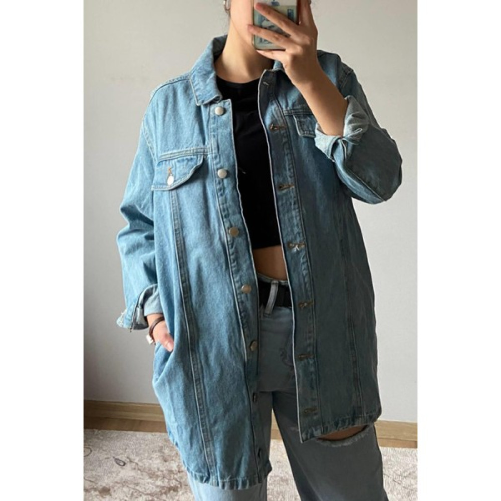Mia Butik Kadın Mavi Gömlek Yaka Kot Ceket Bayan Ceket Fiyatı