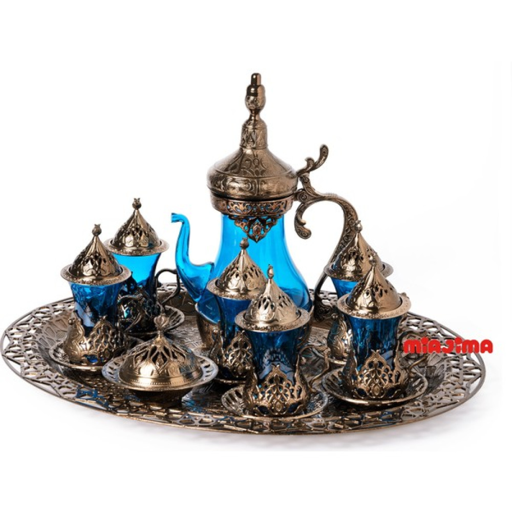 Miajima 6 Kişilik Çay Takımı Seti Tepsili Cam Bardak Sürahi Set Bronz Renk Döküm Fincan / Bardak / Kahve Takımı Fiyatı